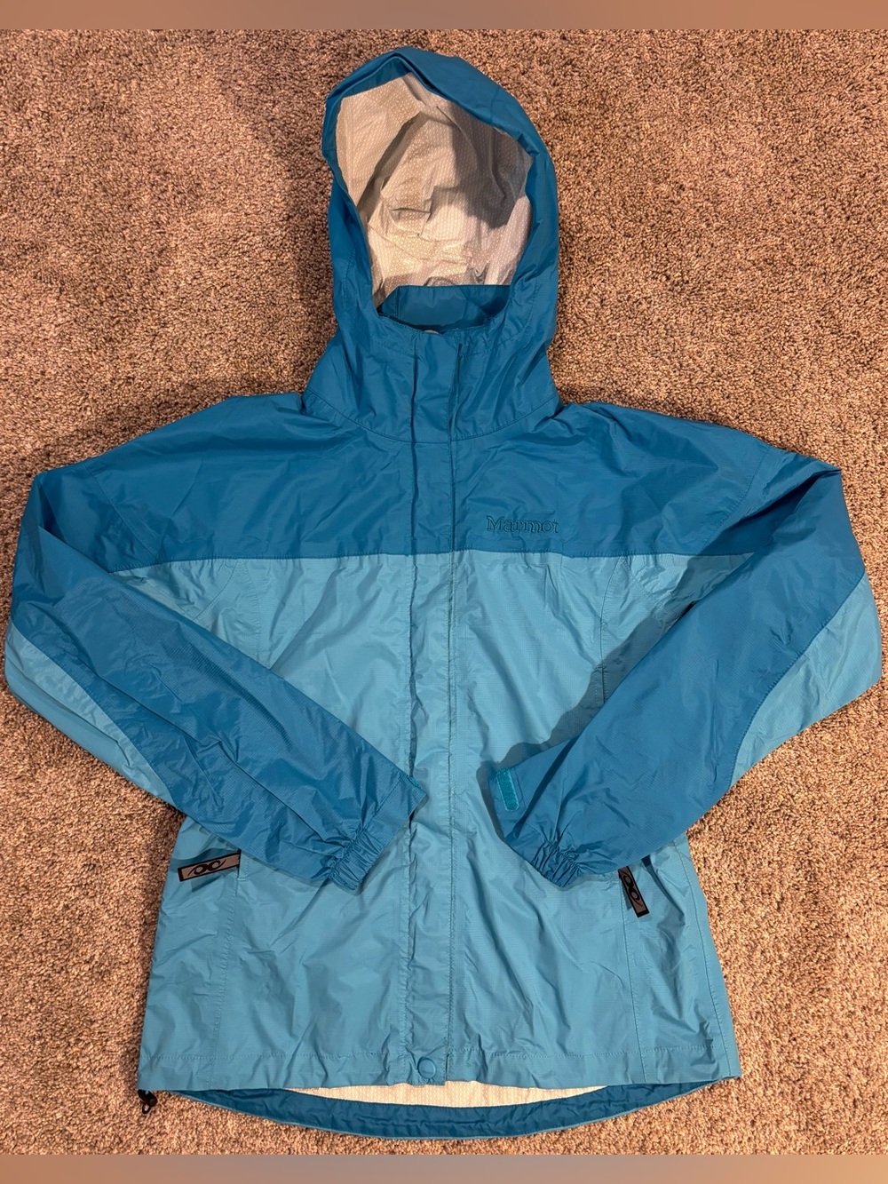 Marmot Womens PreCip Eco Rain Jacket Light Blue Block Hood Waterproof Shell XS
